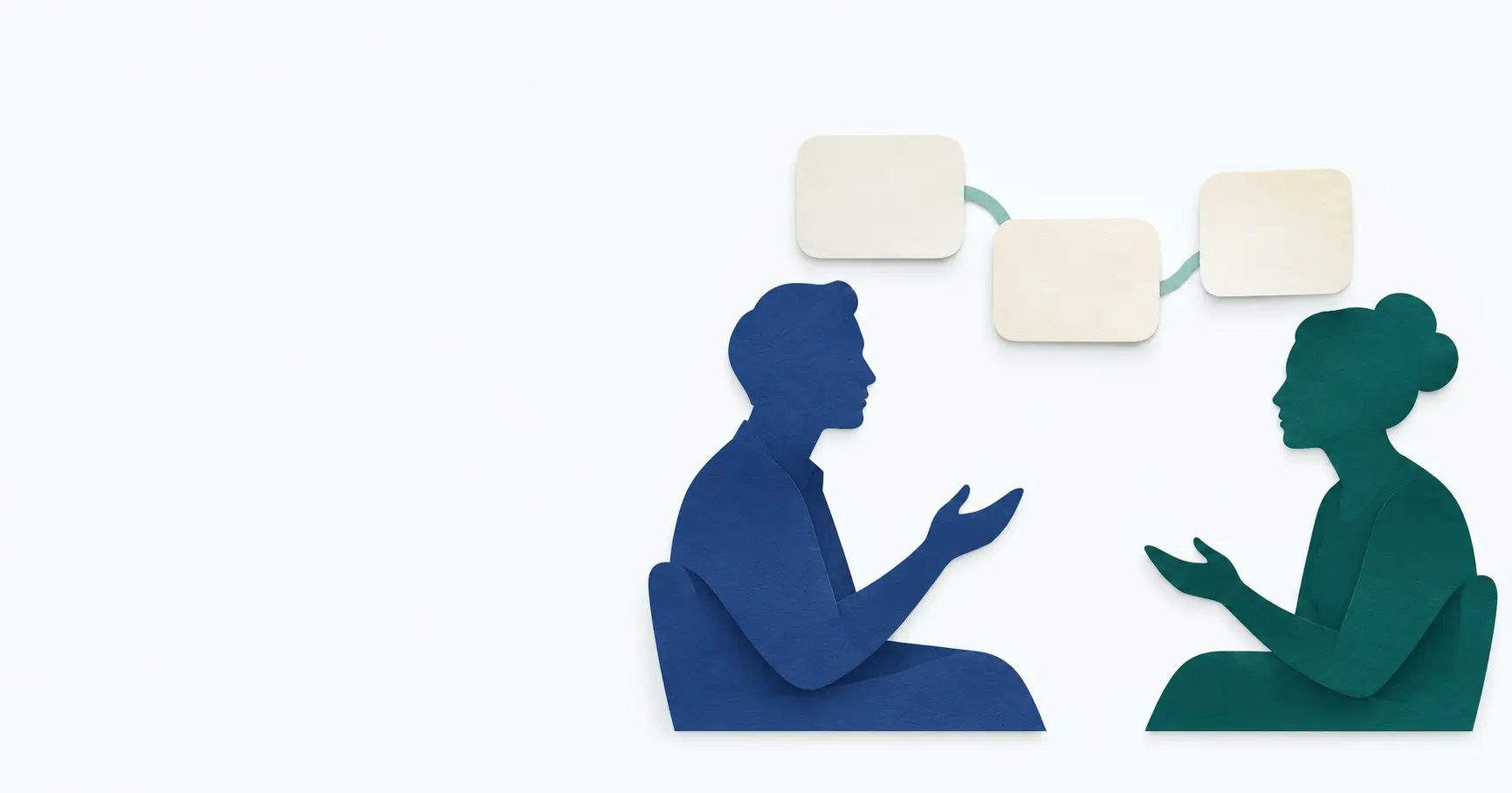 Blue and teal paper-cut figures face each other beneath three connected blank cards.